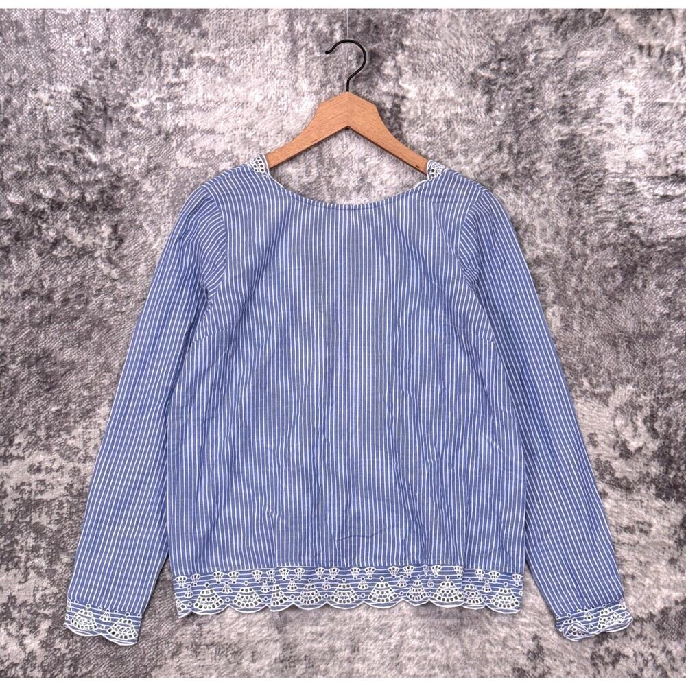 Sezane Blue and White Striped Cotton Blouse with Lace Trim